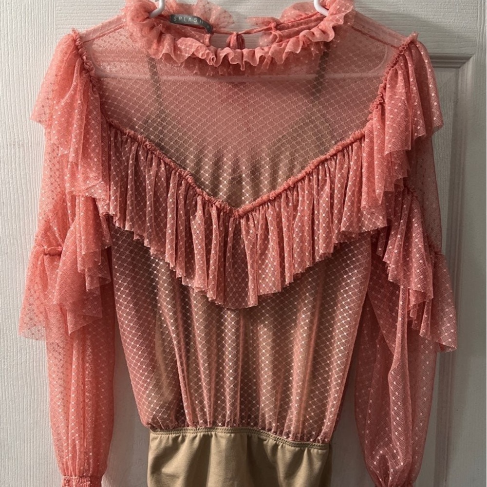 SPLASH Elegant Ruffled Sheer Pink Bodysuit